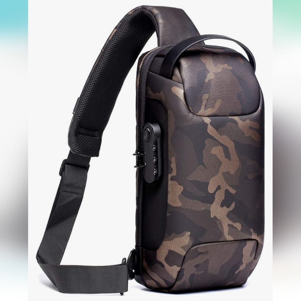 Camo Sling Backpack with USB & lock